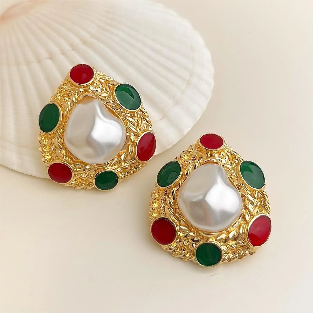 Oversized French Vintage Copper Pearl Drop Earrings Handmade Enamel Irregular Geometric Design