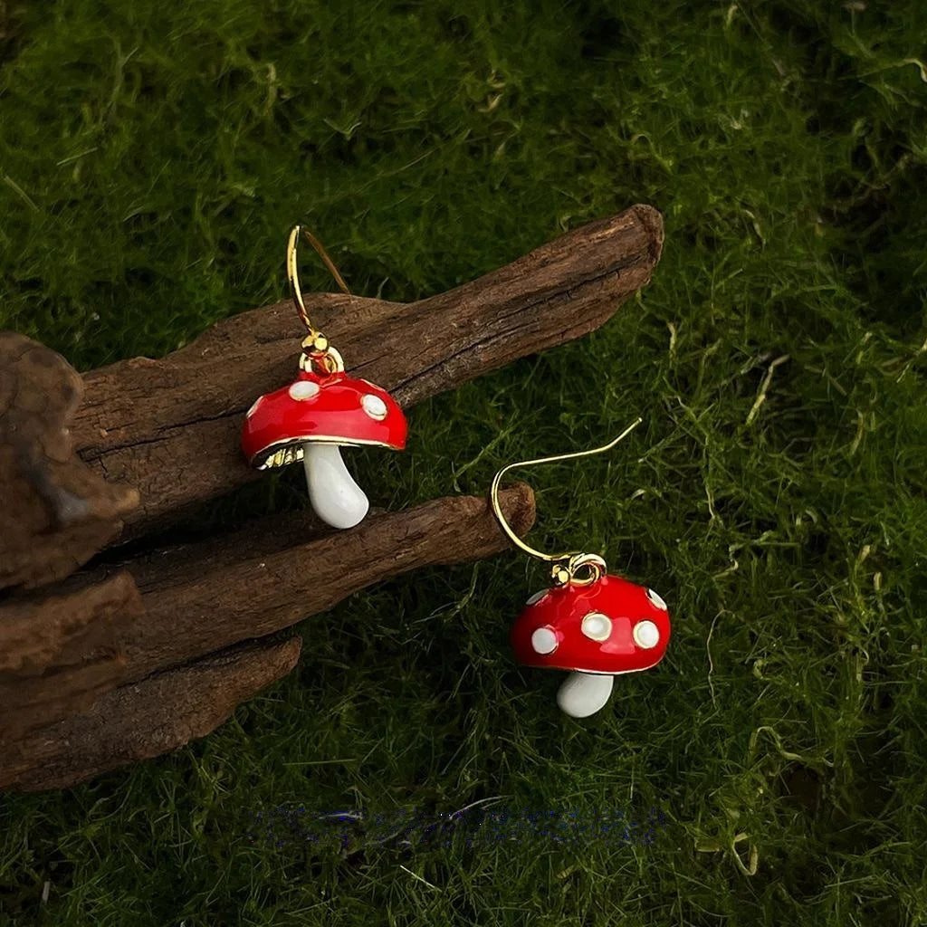Cute Red Mushroom Copper Drop Earrings Forest Fairy Whimsical Designer Jewelry For Women