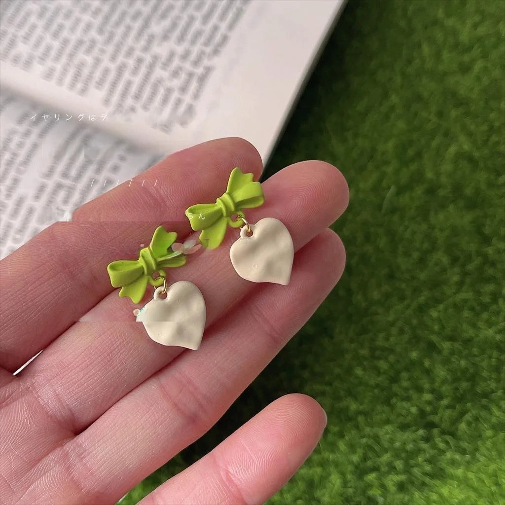 Avocado Green Enamel Bow Heart Stud Earrings Silver Plated Metal Style