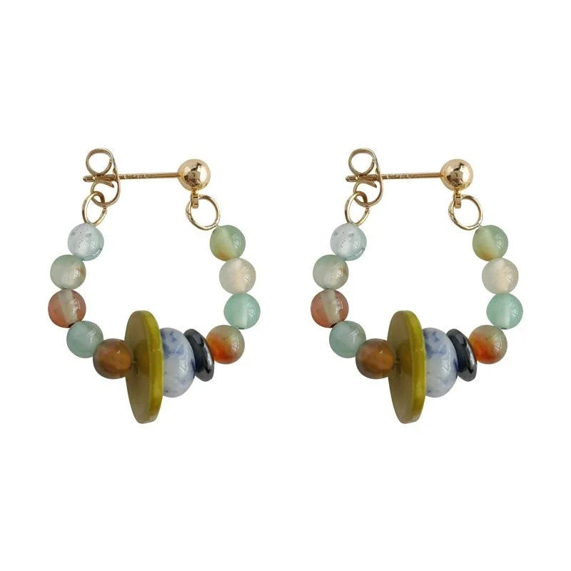 New Chinese Style Agate Stone Geometric Hoop Drop Earrings Silver Plated Handmade Vintage Jewelry