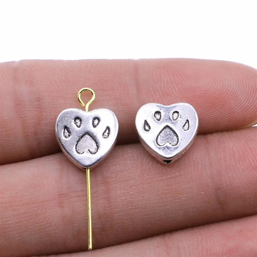 11x11mm 1.6g Antique Silver Zinc Alloy Heart Paw Loose Metal Beads for DIY Bracelet Making