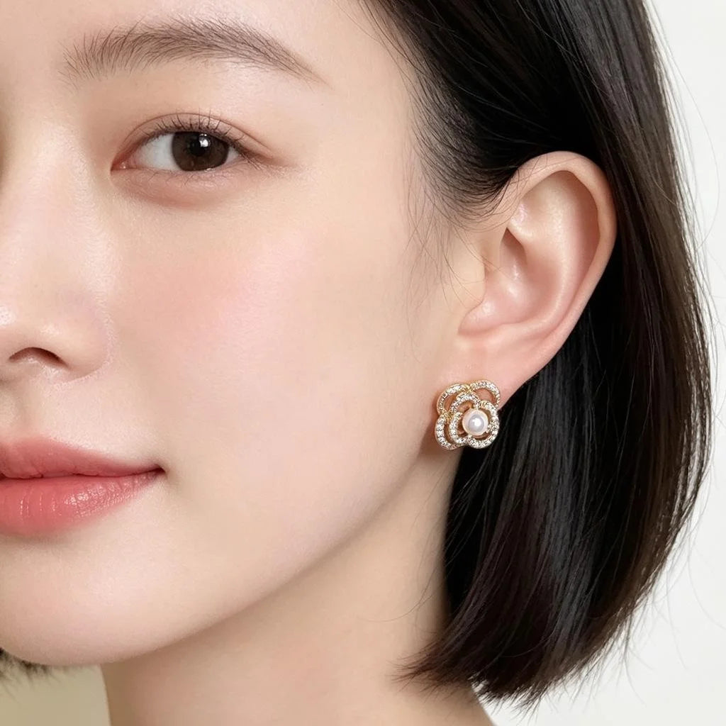 Fashion Minimalist Geometric Micro Pave Zircon Freshwater Pearl Copper Stud Earrings