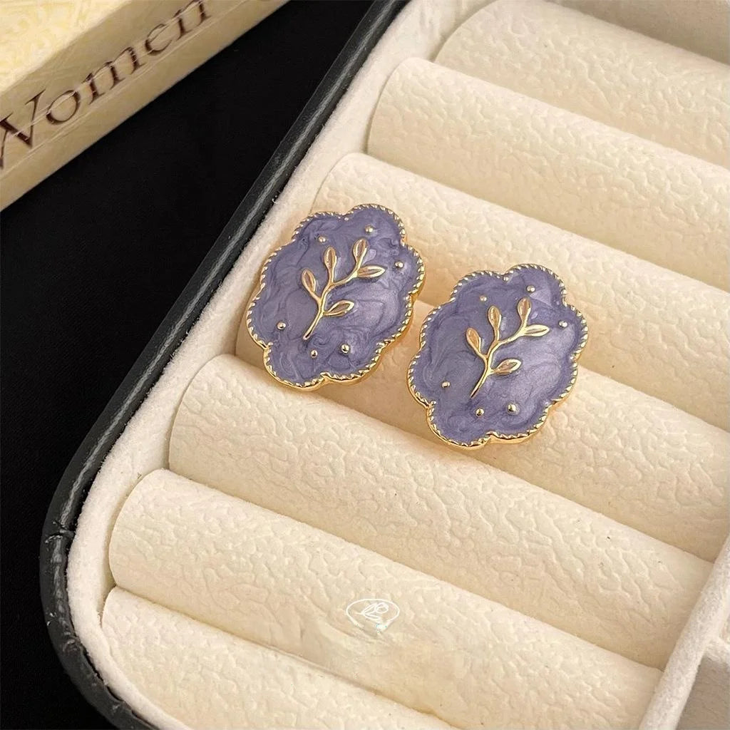 French Vintage 14K Gold Plated Alloy Purple Enamel Wheat Leaf Drop Earrings