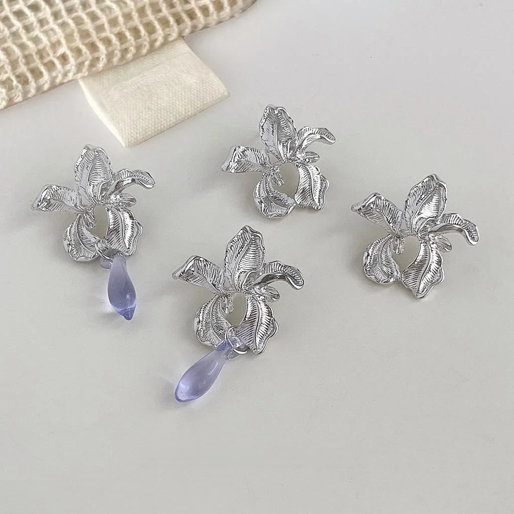 Designer Iris Flower Glass Crystal Copper Drop Earrings Elegant Premium Floral Jewelry