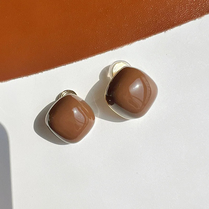 Elegant Vintage Luxury Coffee Brown Square Enamel Alloy Coil Stud & Clip On No Piercing Earrings