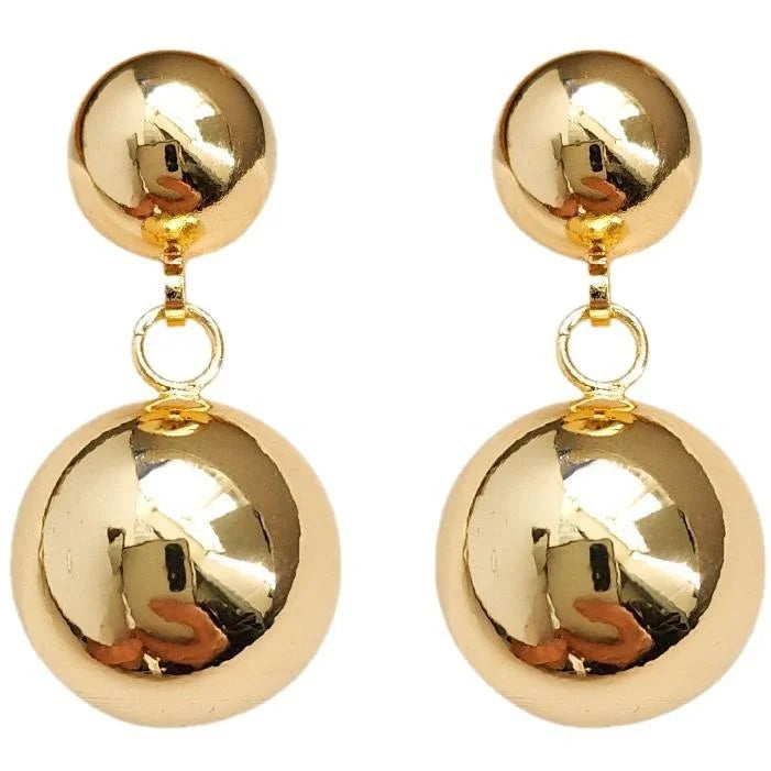 18K Gold Plated Copper Double Ball Drop Earrings, Smooth Geometric Light Luxury Jewelry