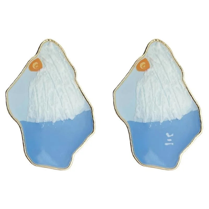 Handmade Enamel Mt Fuji Oil Painting Irregular Geometric Copper Stud Earrings