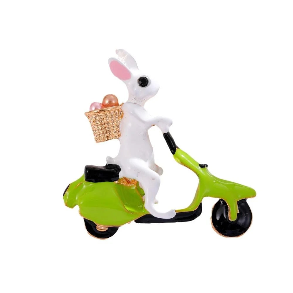 Cute Enamel Rabbit Riding Green Scooter Brooch With Rhinestone Basket, Animal Lapel Pin Gift