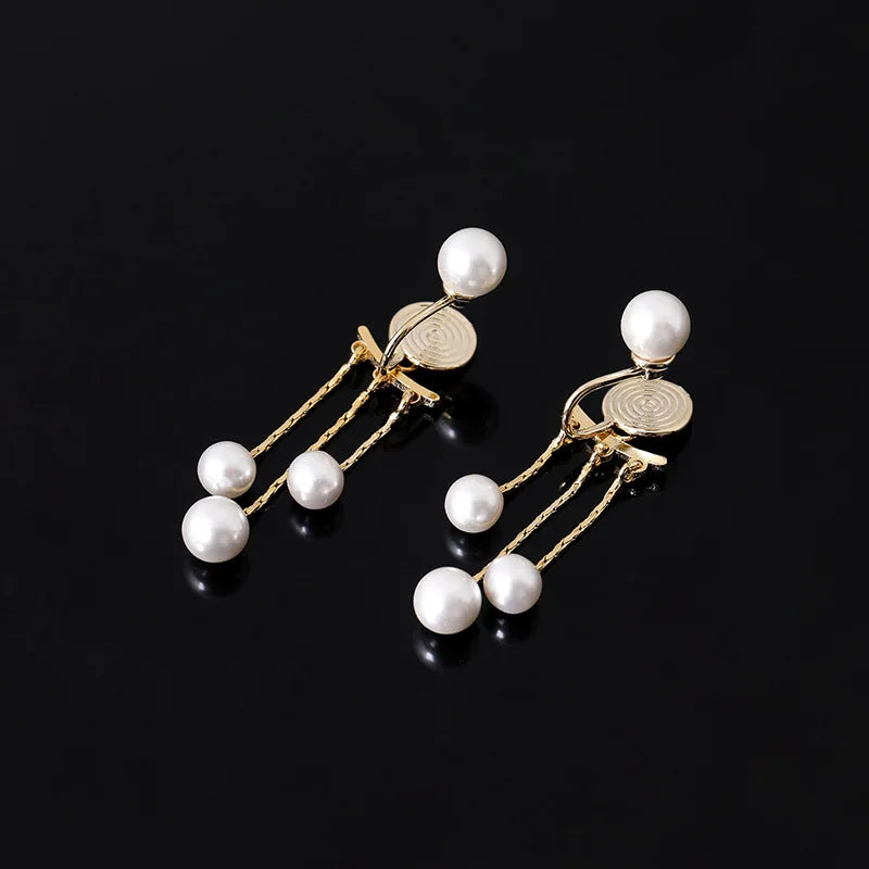 Elegant Pearl Tassel Spiral Disc Alloy Stud & Clip On No Piercing Back Hanging Drop Earrings