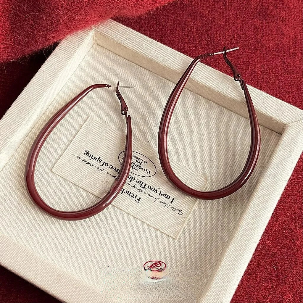 Red Enamel Metal Oval Geometric Drop Earrings Hong Kong Style Premium Commuter Jewelry