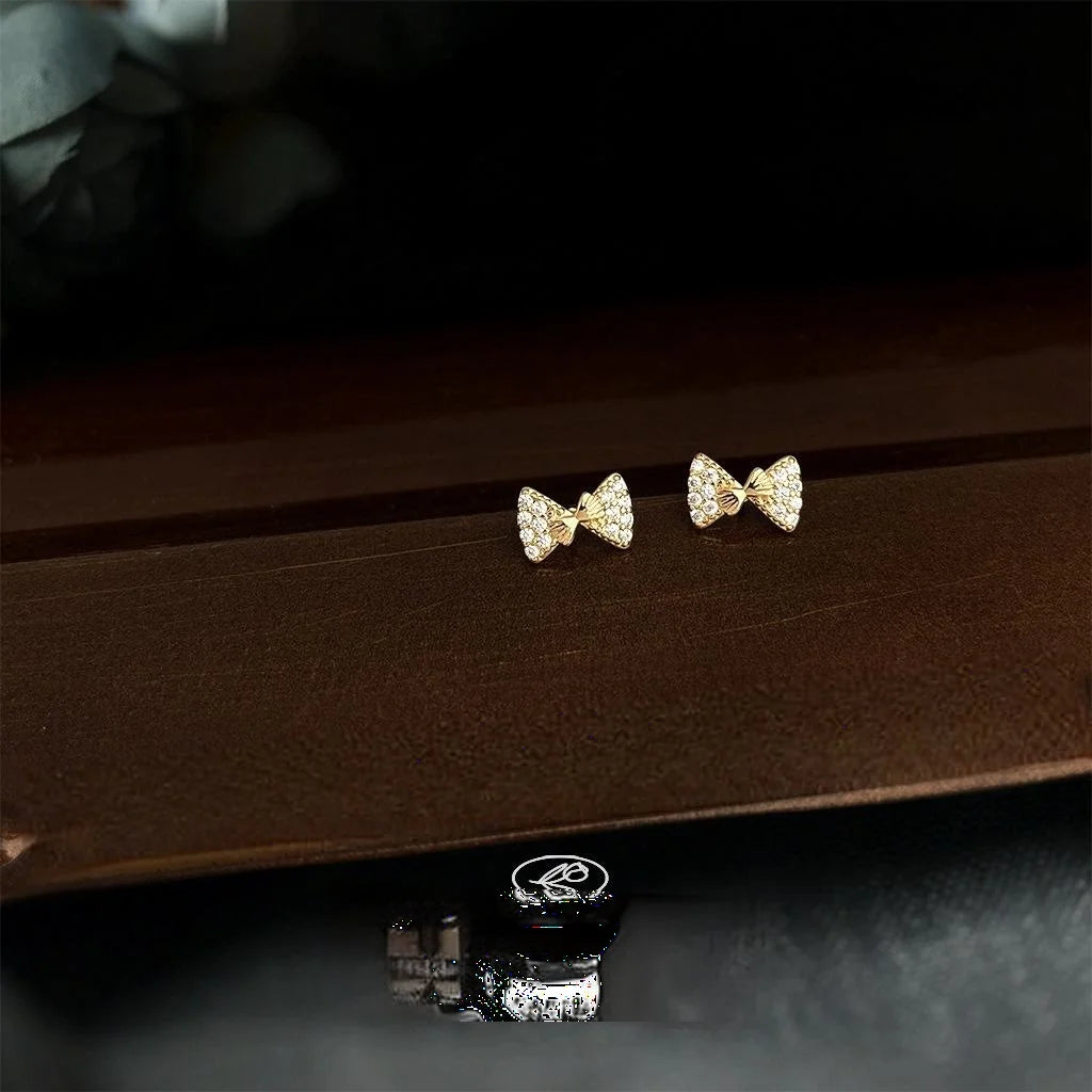 Tiny Micro Pave Zircon 14K Plated Copper Bow Stud Earrings Minimalist Everyday Jewelry