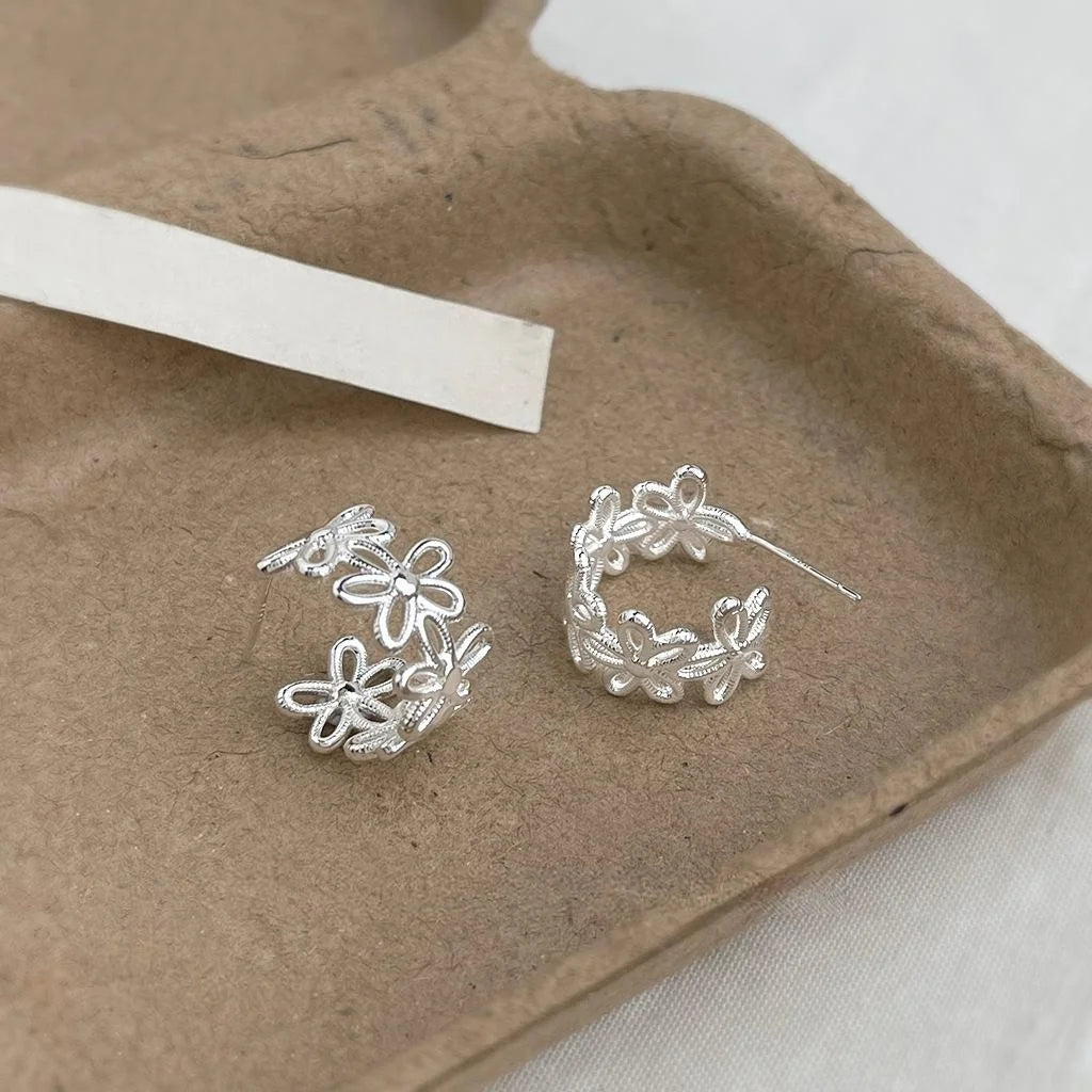 Thick Silver Plated Copper Lace Hollow Flower Petal Fairy Style Drop Earrings