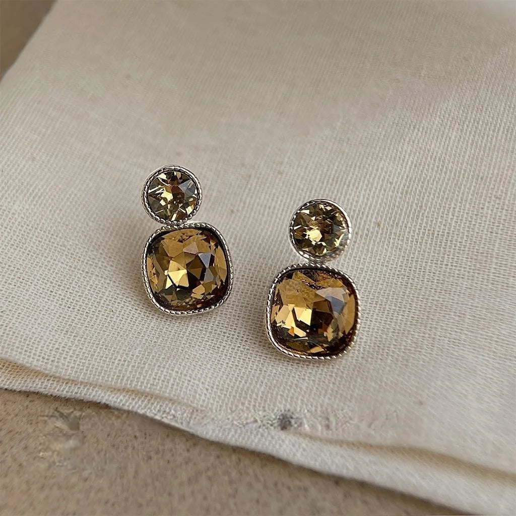 French Vintage Geometric Glass Crystal Drop Earrings Copper Square Luxury Palace Style Jewelry