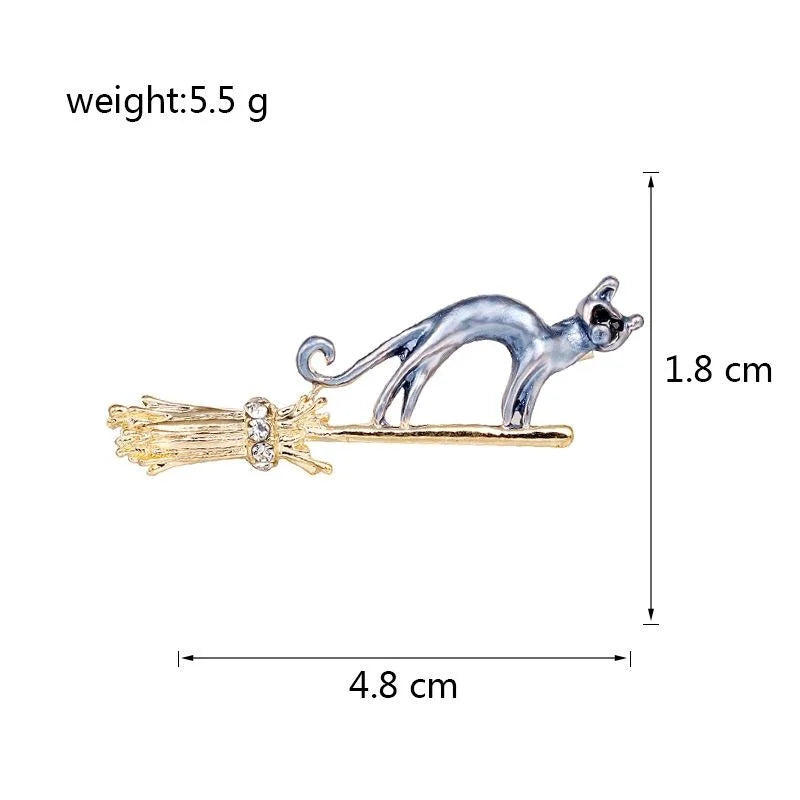Cute Flying Broom Cat Alloy Rhinestone Brooch, Whimsical Animal Lapel Pin Corsage For Suit Accessory Gift
