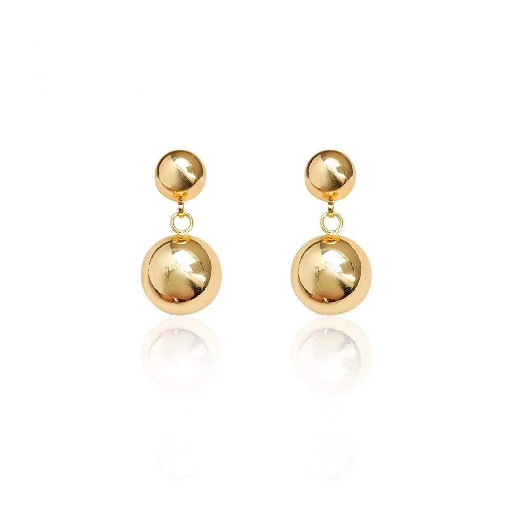 18K Gold Plated Copper Double Ball Drop Earrings, Smooth Geometric Light Luxury Jewelry