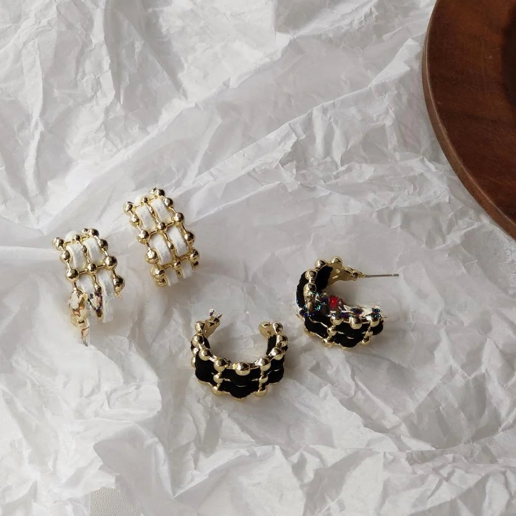 Silver Plated Metal Braided Hoop Stud Earrings For Women Vintage Geometric Office Style