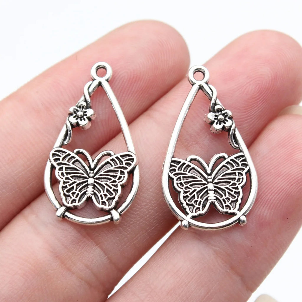 25x14mm 1.35g Antique Silver Zinc Alloy Flower Butterfly Teardrop Charm Pendant for DIY Jewelry