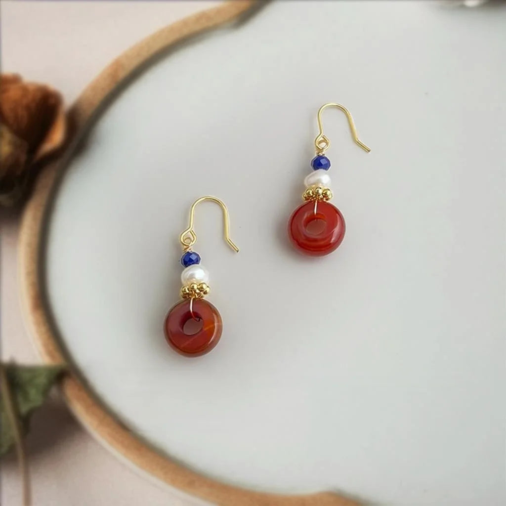 Freshwater Pearl Red Agate Geometric Hoop Drop Earrings Vintage Palace Style Handmade Jewelry