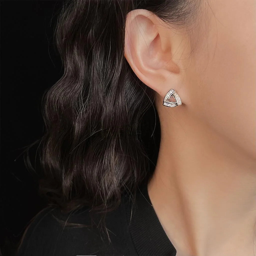Luxury Micro Pave Zircon Copper Stud Earrings Silver Plated Geometric Hollow Triangle Design