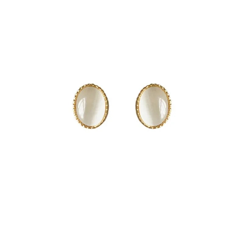Mini Oval Glass Cat Eye Stone Stud Earrings 14K Plated Copper Simple Daily Jewelry