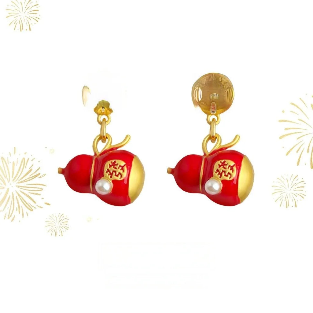 Lucky Red Enamel Gourd Drop Earrings Eco-Friendly Copper New Chinese Ethnic Jewelry