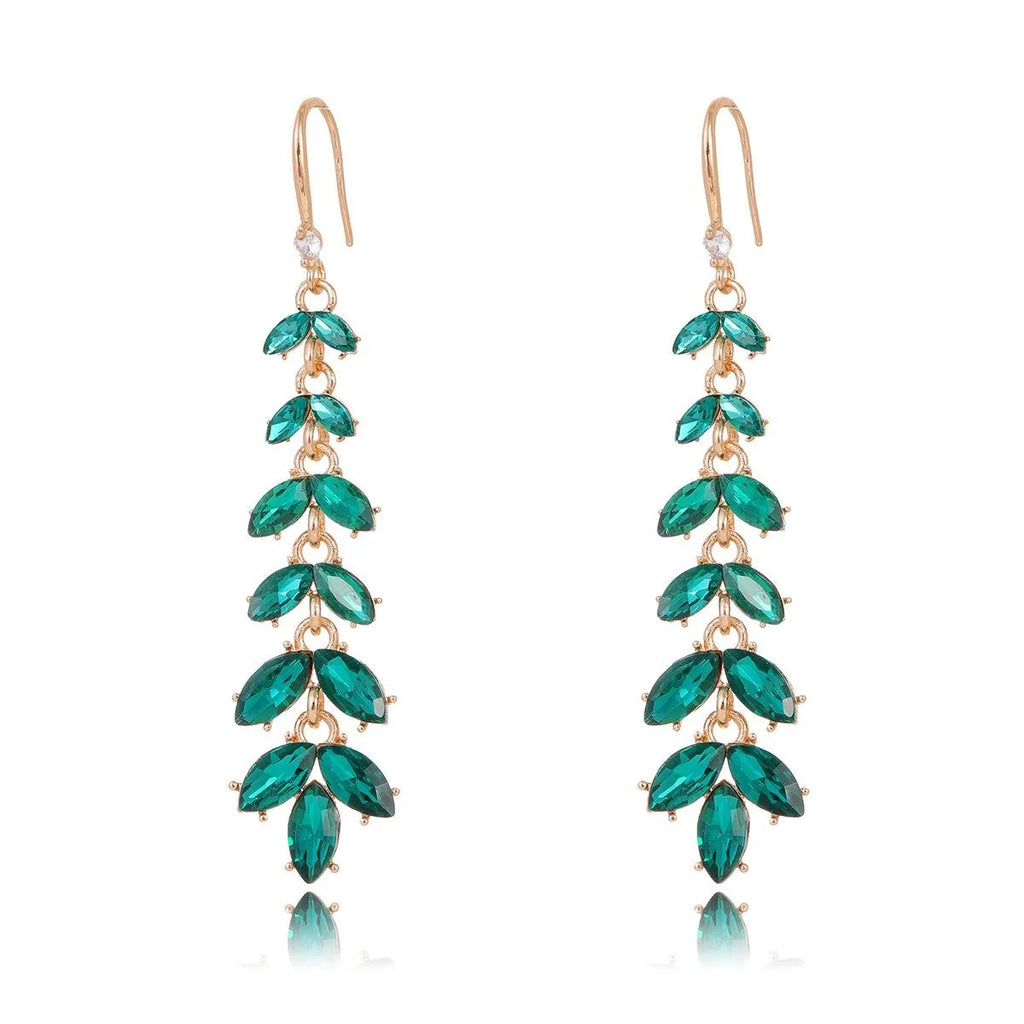 Elegant Long Crystal Leaf Tassel Earrings, Silver Alloy Rhinestone Floral Dangle Jewelry For Wedding Party
