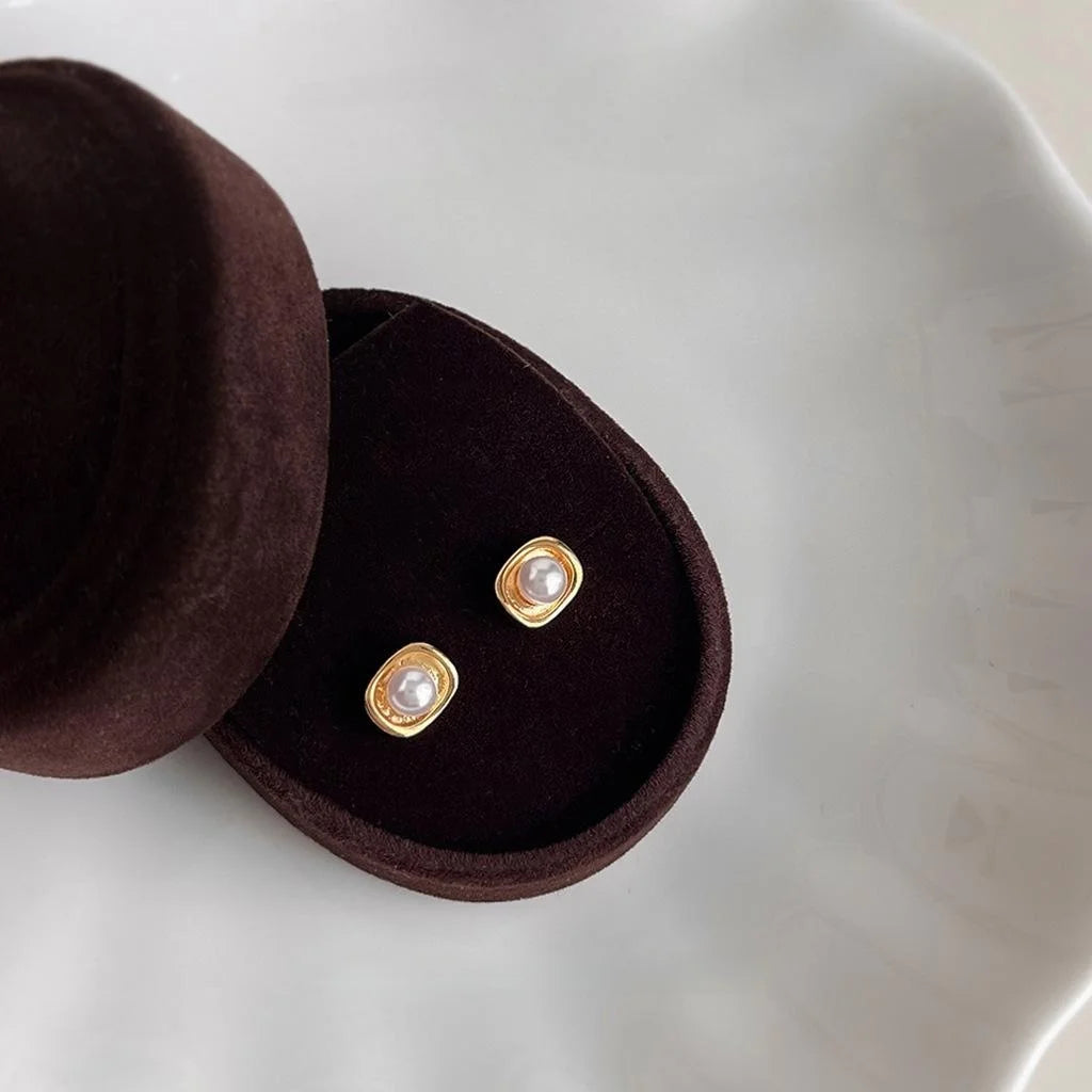 Mini 14K Gold Plated Copper Pearl Geometric Ingot Stud Earrings For Women Simple Commuter Jewelry