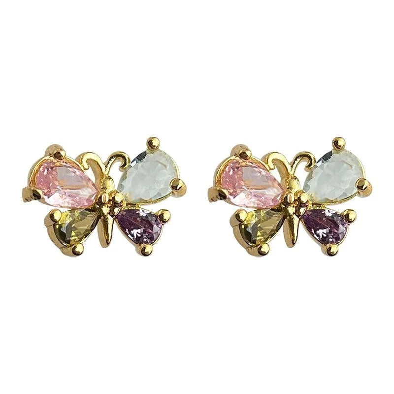 Mini Micro Pave Zircon Colorful Butterfly Stud Earrings Sweet Copper Jewelry For Women