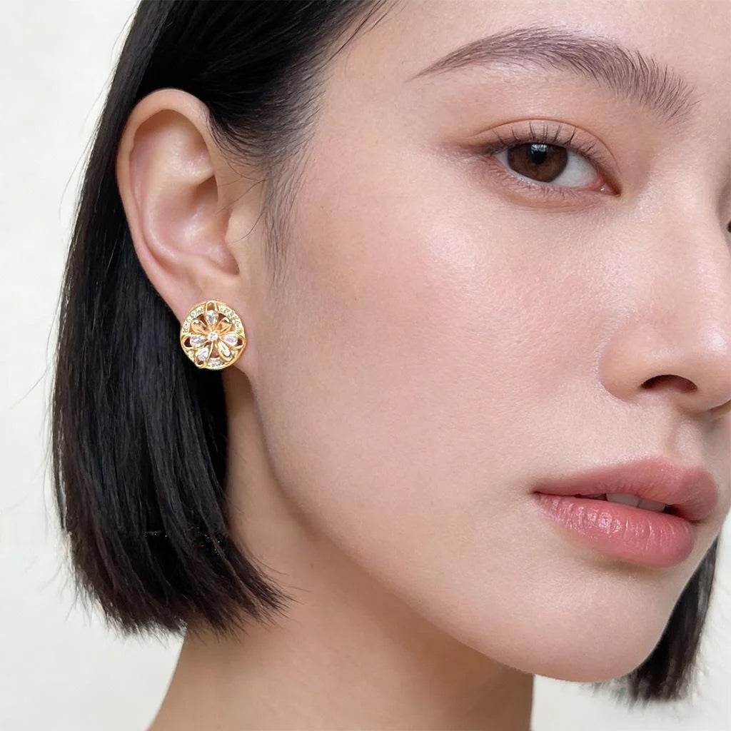 Old Money Vintage Floral Round Zircon Micro Pave Copper Stud Earrings