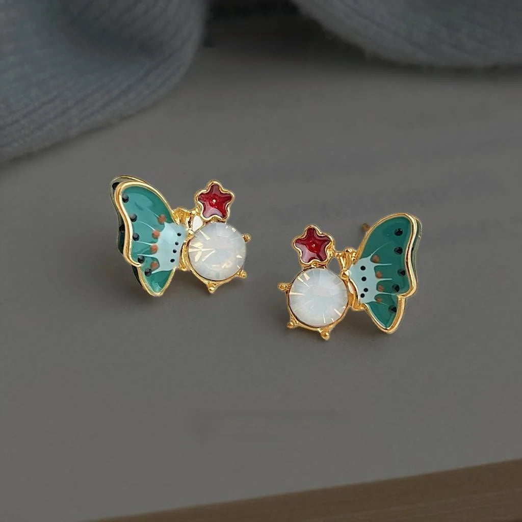 Hand Painted Enamel Butterfly Stud Earrings Eco-Friendly Copper Alloy Forest Fairy Jewelry