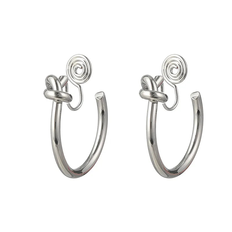 Elegant Gold Alloy Knot Hoop Spiral Disc Stud & Clip On No Piercing Minimalist Round Circle Earrings