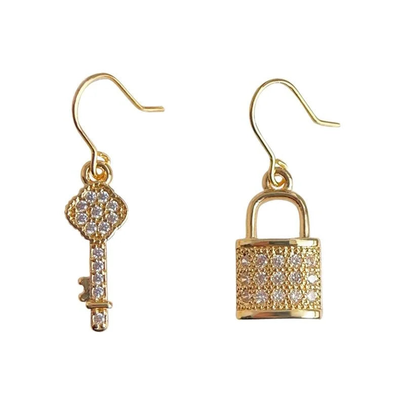18K Gold Plated Copper Micro Pave Zircon Asymmetric Key Lock Drop Earrings