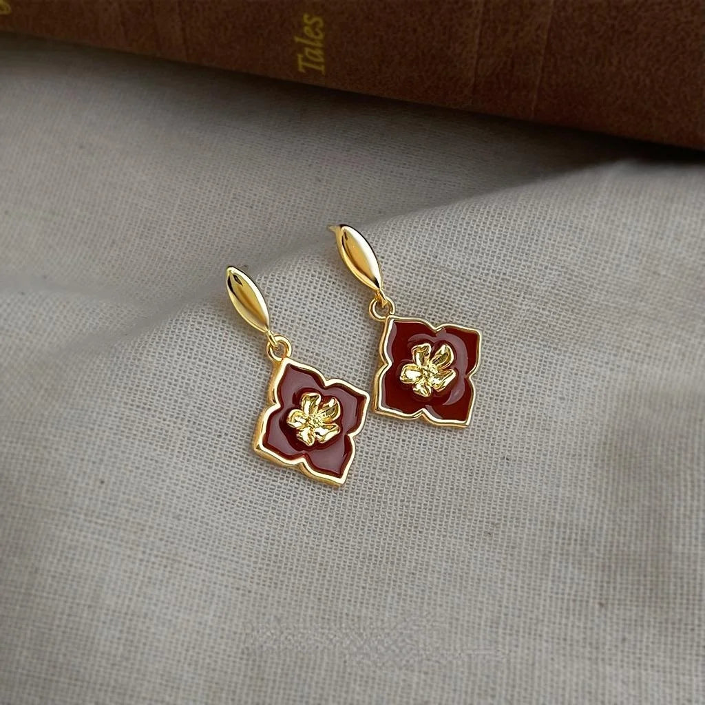Vintage Enamel Glazed Copper Flower Drop Earrings, French Minimalist Hong Kong Style