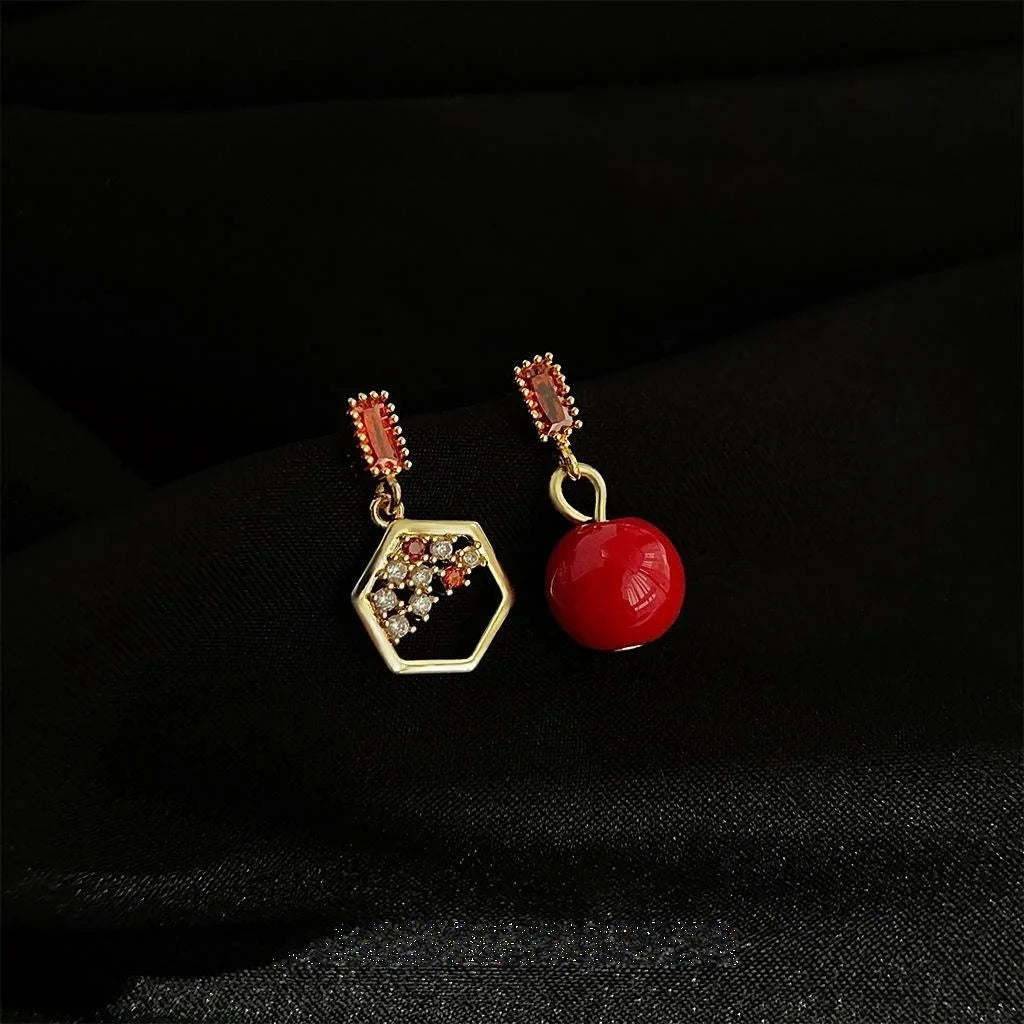 Chinese Style Asymmetric Red Pearl Micro Pave Zircon Hollow Geometric Stud Earrings