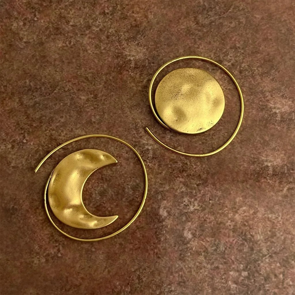 Minimalist Copper Geometric Moon Drop Earrings Matte Frosted Vintage Abstract Planet Jewelry