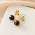 Vintage Luxury Gold Alloy Filigree Disc With Black Rhinestone Tiger Eye Bead Drop Stud & Clip On No Piercing Earrings