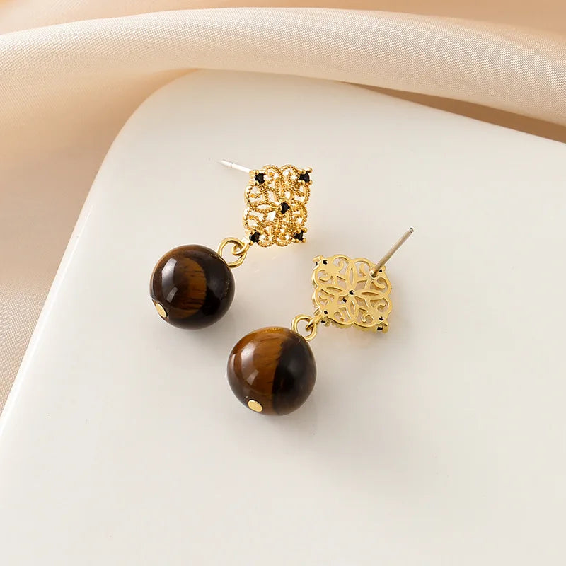 Vintage Luxury Gold Alloy Filigree Disc With Black Rhinestone Tiger Eye Bead Drop Stud & Clip On No Piercing Earrings