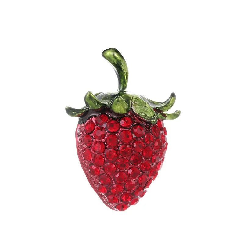 Cute Strawberry Fruit Brooch With Red Rhinestones And Green Enamel Leaves, Elegant Lapel Pin Gift