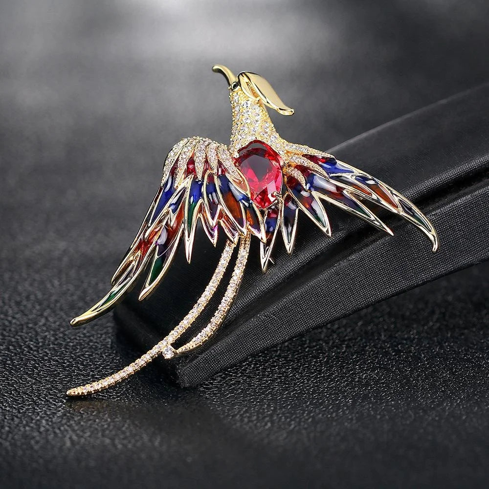 Elegant Enamel Phoenix Bird Brooch With Rhinestone Alloy Wings, Women's Lapel Pin Corsage Gift