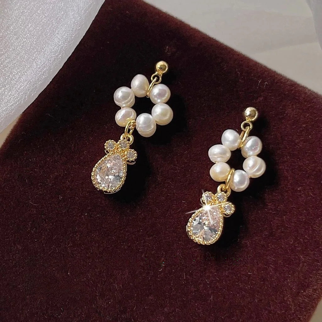 14K Gold Plated Freshwater Pearl Drop Earrings With Micro Pave Zircon Circle Geometric Design