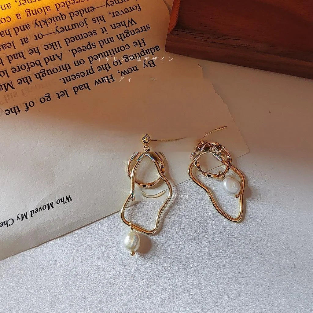 Handmade Copper Freshwater Pearl Stud Earrings Irregular Geometric Silver Plated Pin Jewelry