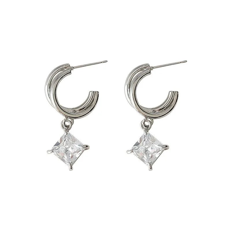 Minimalist OL Double Layer Square Zircon Copper Drop Earrings For Women