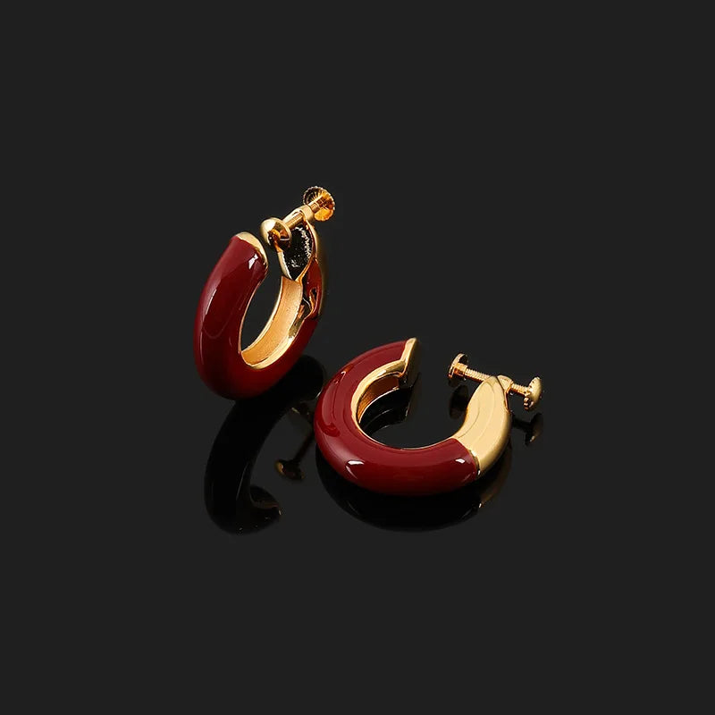 Vintage Red Enamel Gold Alloy Chunky Hoop Stud & Clip On No Piercing New Year Statement Earrings