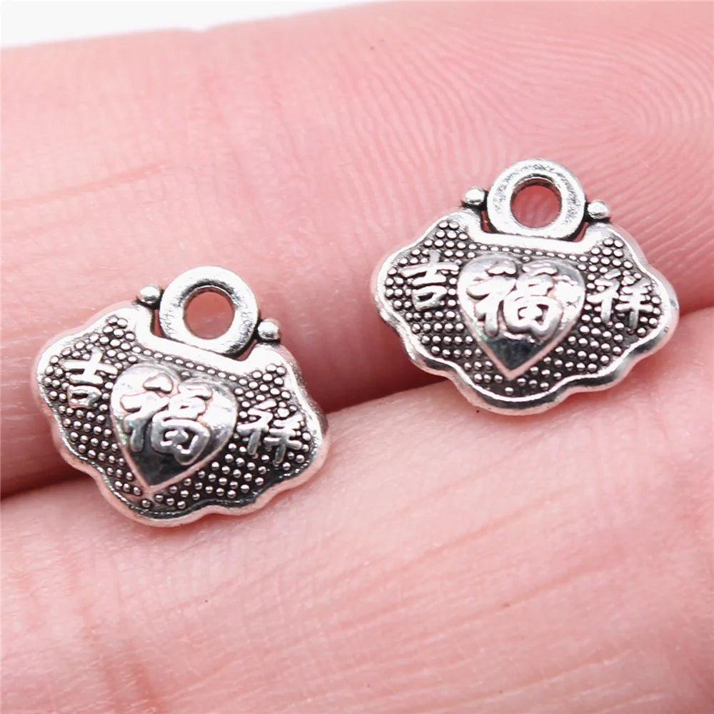 12x10mm 1.03g Antique Silver Zinc Alloy Fu Character Lock Charm Pendant for DIY Jewelry Making