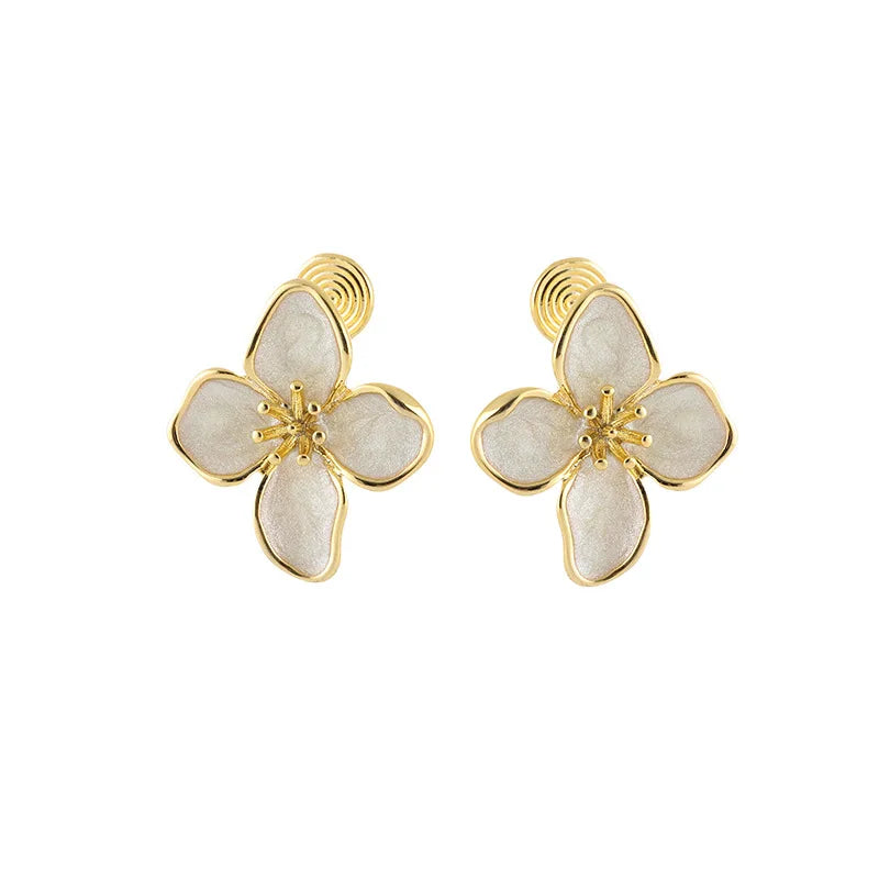 Elegant French Gold Tone Floral Enamel Alloy Stud & Clip On No Piercing Sweet Blossom Jewelry Earrings