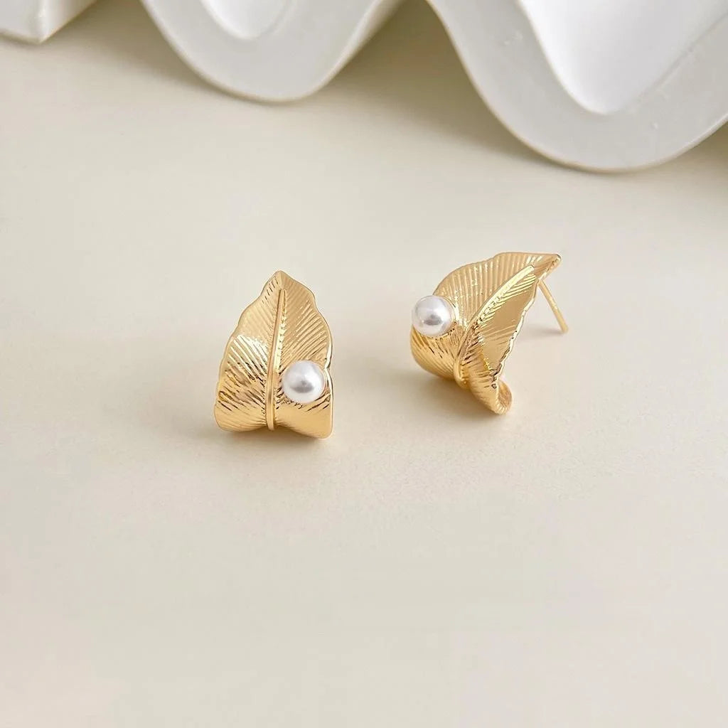 Light Luxury 14K Gold Plated Copper Leaf Drop Earrings With Silver Plated Posts