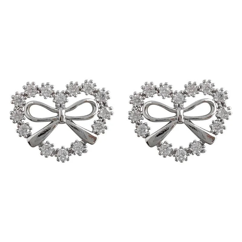 Sweet Bow Heart Zircon Copper Stud Earrings, Hollow Micro Pave Elegant Jewelry For Women