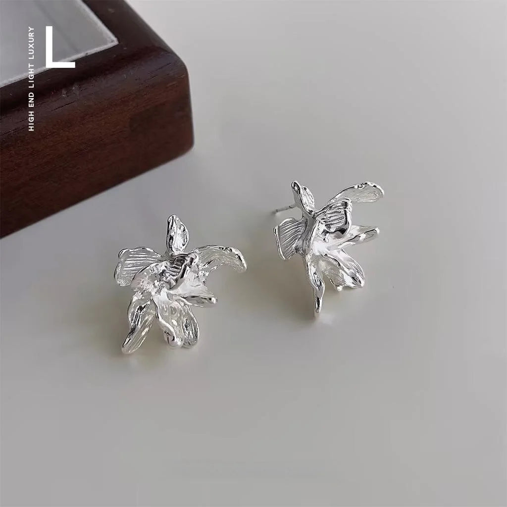 Copper Iris Flower Stud Earrings 3D Geometric Sweet Cool Style Jewelry For Women