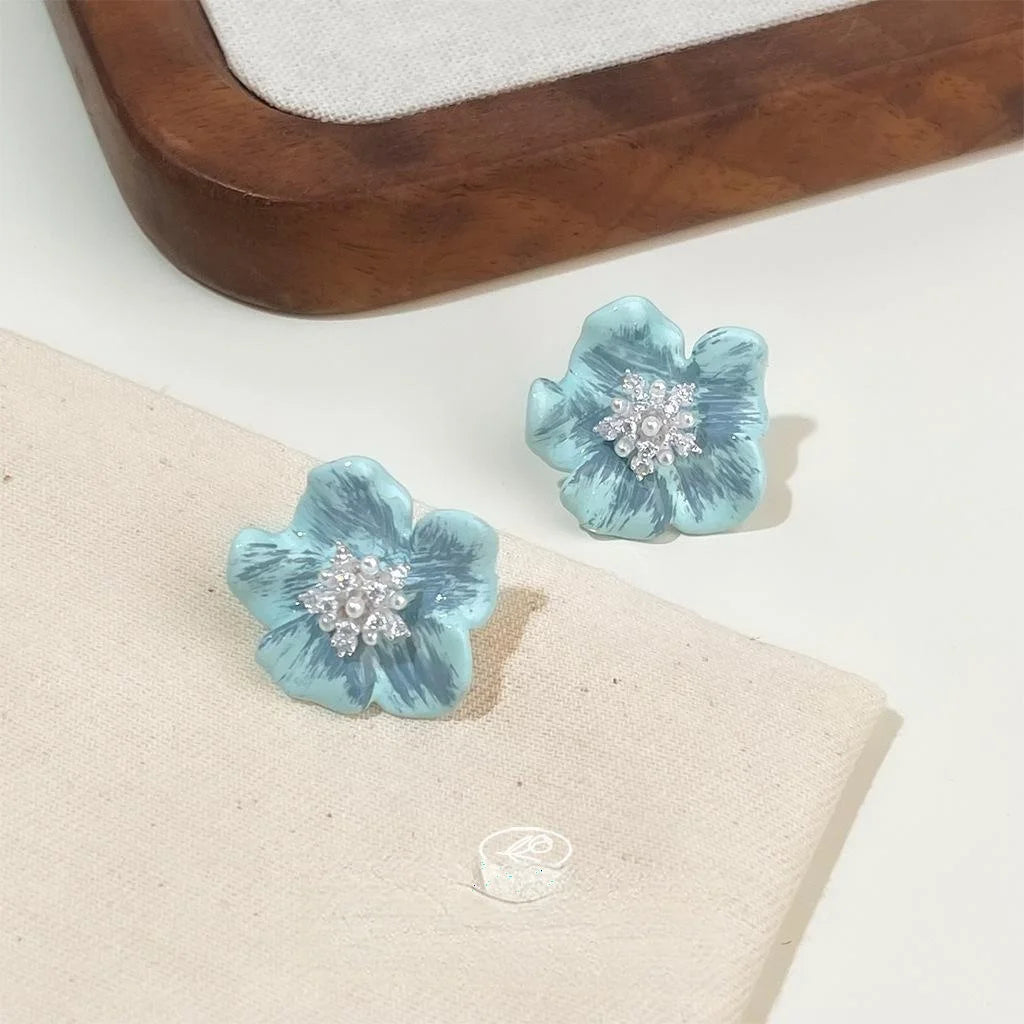 French Sweet Blue Flower Stud Earrings Copper Zircon Pearl Hand Painted Enamel Floral Jewelry