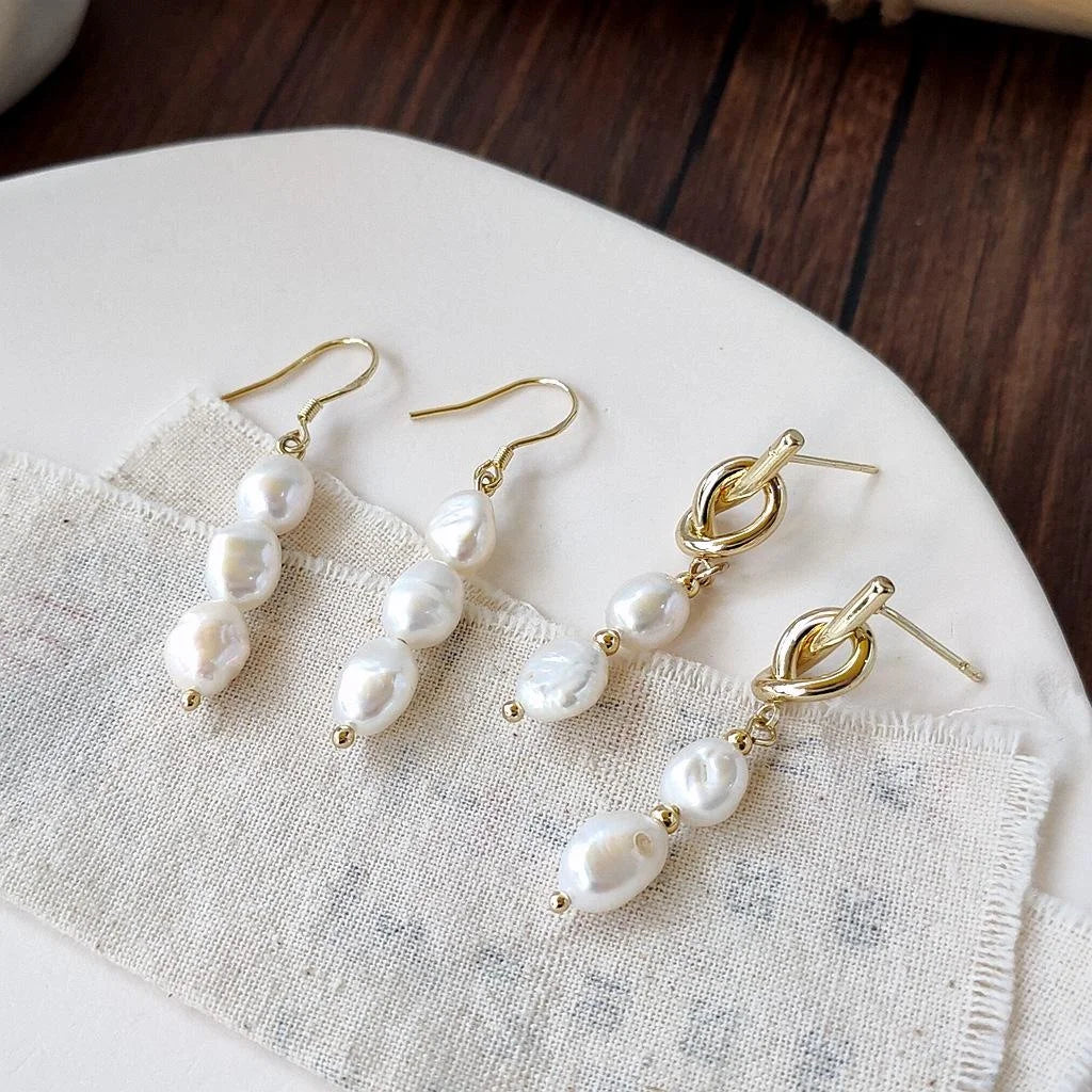 14K Gold Plated Baroque Freshwater Pearl Drop Earrings For Women Vintage Palace Style Geometric Design